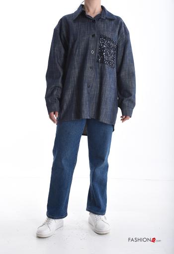 Chemise en Coton manches longues en denim à collet à paillettes à boutons - ph 5