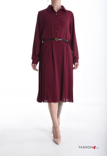 Robe manches longues plissé à collet avec ceinture à boutons