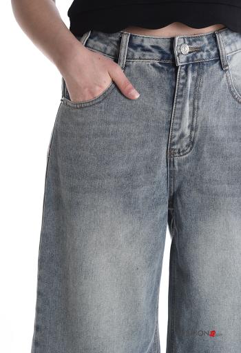 Jeans in Cotone denim vita alta con tasche con bottoni con zip - ph 4