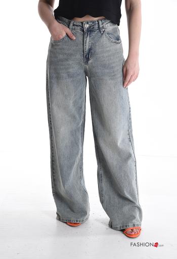 Jeans in Cotone lungo wide leg denim vita alta con tasche con bottoni con zip - ph 1