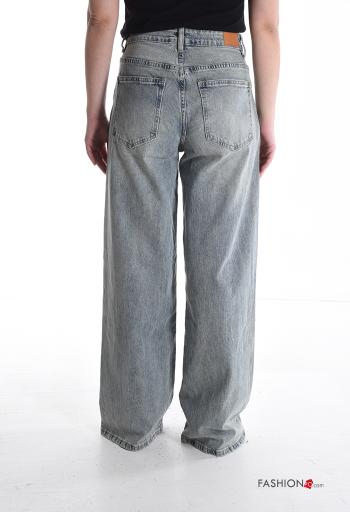 Jeans in Cotone lungo wide leg denim vita alta con tasche con bottoni con zip - ph 2