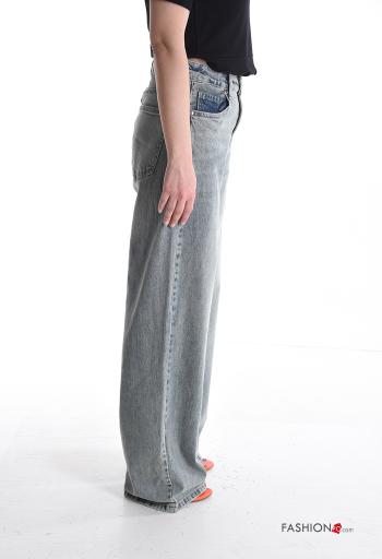 Jeans in Cotone lungo wide leg denim vita alta con tasche con bottoni con zip - ph 3