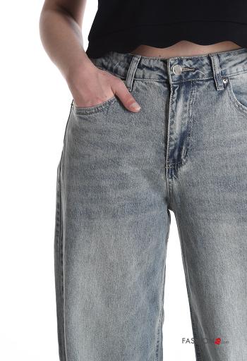 Jeans in Cotone lungo wide leg denim vita alta con tasche con bottoni con zip - ph 4