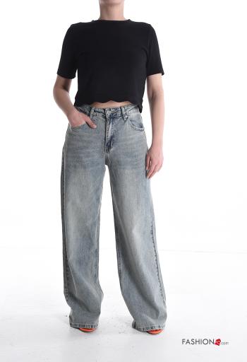 Jeans in Cotone lungo wide leg denim vita alta con tasche con bottoni con zip - ph 5