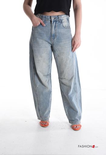 Jeans in Cotone denim vita alta con tasche con bottoni con zip - ph 1