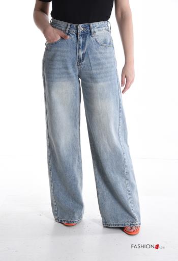 Jeans in Cotone wide leg denim vita alta con tasche con bottoni con zip - ph 1