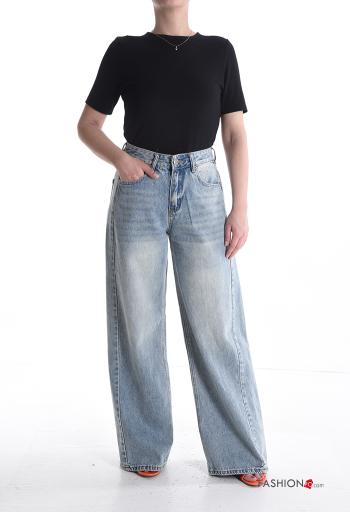 Jeans in Cotone wide leg denim vita alta con tasche con bottoni con zip - ph 5