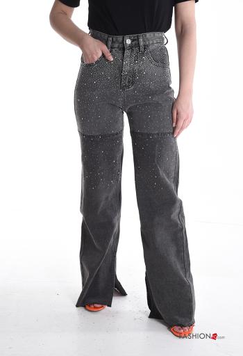 Vaqueros de Algodón wide leg cintura alta largo con abertura con cremallera con botones con bolsillos con brillantes
