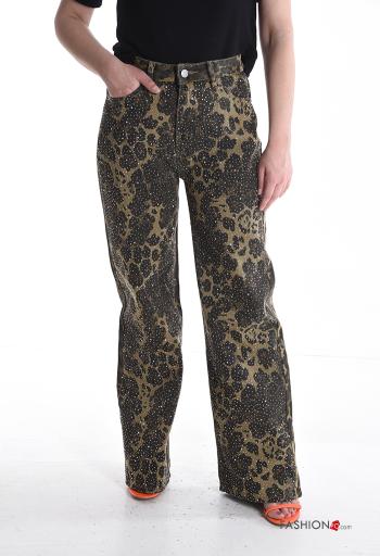 Jeans in Cotone lungo Fantasia animalier con bottoni con strass con zip con tasche