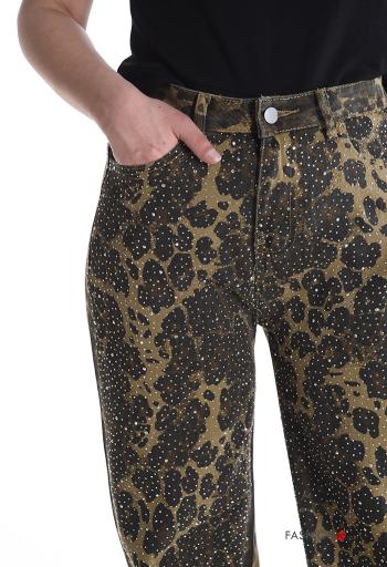 Jeans in Cotone lungo Fantasia animalier con bottoni con strass con zip con tasche - ph 4