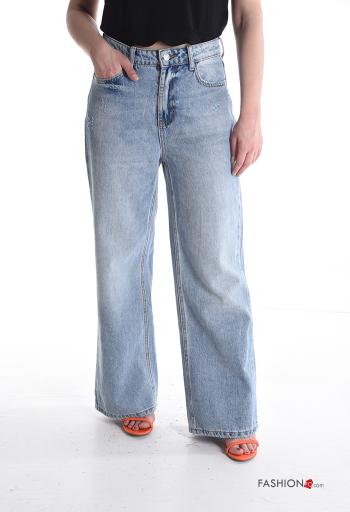 Jeans en Coton en denim taille haute à boutons avec fermeture éclair avec poches