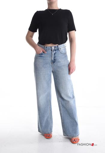 Jeans en Coton en denim taille haute à boutons avec fermeture éclair avec poches - ph 5