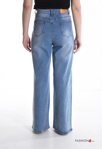 Jeans in Cotone wide leg denim vita alta con bottoni con strass con zip con tasche - ph 2