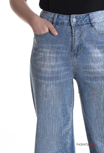 Jeans in Cotone wide leg denim vita alta con bottoni con strass con zip con tasche - ph 4