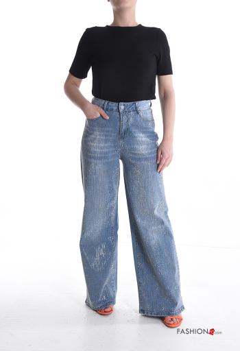 Jeans in Cotone wide leg denim vita alta con bottoni con strass con zip con tasche - ph 5