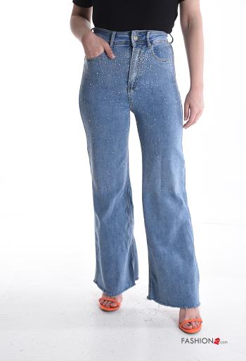 Jeans in Cotone denim vita alta con bottoni con strass con zip con tasche