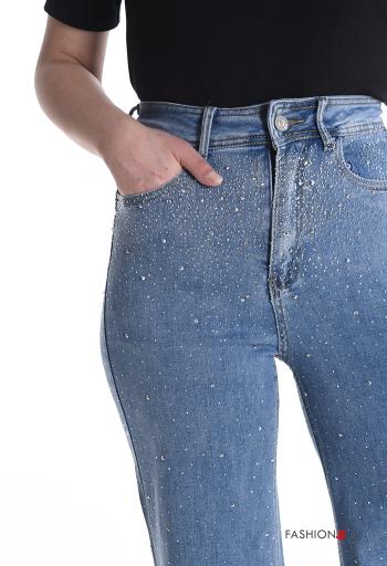 Jeans in Cotone denim vita alta con bottoni con strass con zip con tasche - ph 4