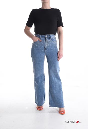 Jeans in Cotone denim vita alta con bottoni con strass con zip con tasche - ph 5