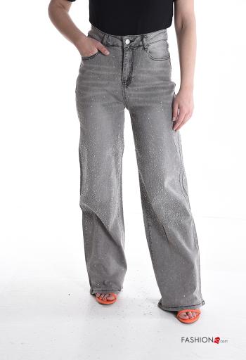 Jeans in Cotone vita alta wide leg con bottoni con strass con zip con tasche