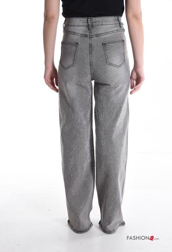 Jeans in Cotone vita alta wide leg con bottoni con strass con zip con tasche - ph 2