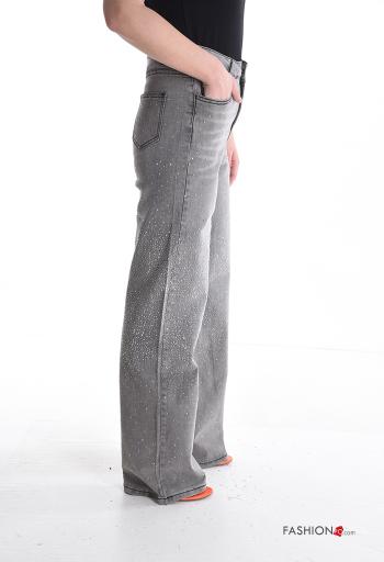 Jeans in Cotone vita alta wide leg con bottoni con strass con zip con tasche - ph 3