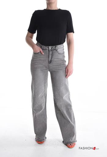 Jeans in Cotone vita alta wide leg con bottoni con strass con zip con tasche - ph 5