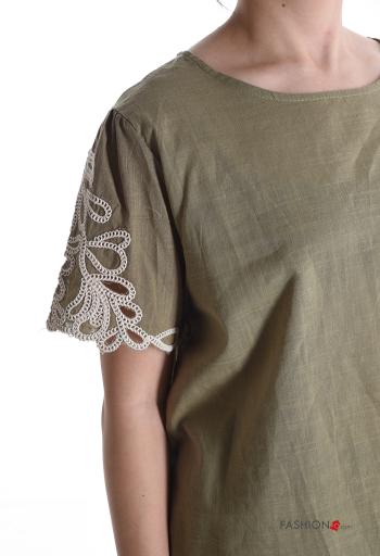 Blusa de Algodón manga corta cuello redondo Patrón bordado con botones - ph 4