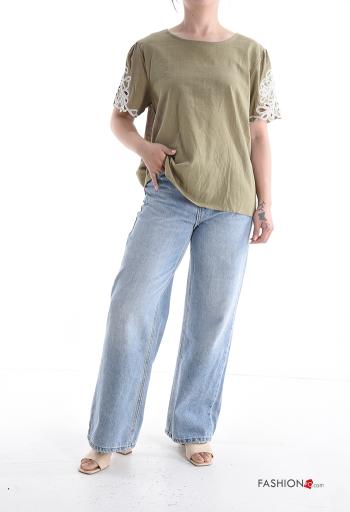 Blusa de Algodón manga corta cuello redondo Patrón bordado con botones - ph 5