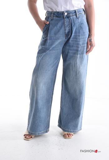 Jeans in Cotone wide leg con tasche con bottoni con zip