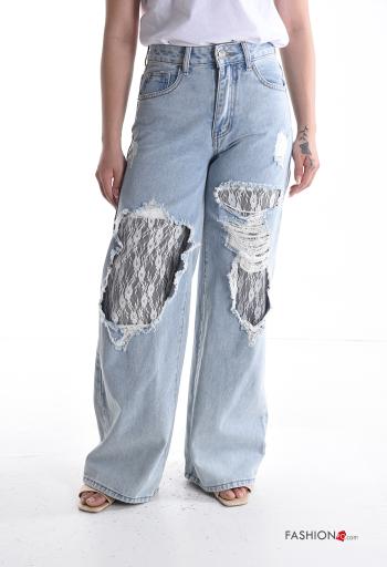 Jeans in Cotone pizzo lungo strappati wide leg denim con tasche con bottoni con zip - ph 1