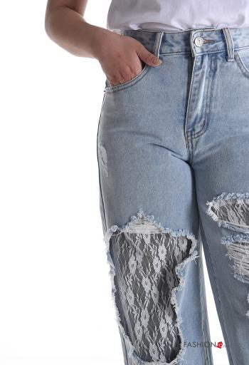 Jeans in Cotone pizzo lungo strappati wide leg denim con tasche con bottoni con zip - ph 4
