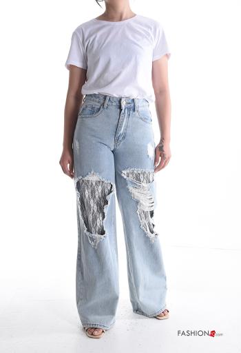 Jeans in Cotone pizzo lungo strappati wide leg denim con tasche con bottoni con zip - ph 5