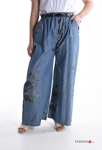 Floral wide leg Cotton Trousers with belt with elastic with pockets - ph 1