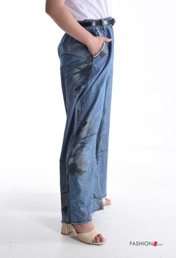 Floral wide leg Cotton Trousers with belt with elastic with pockets - ph 3