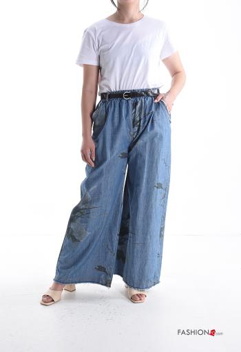 Floral wide leg Cotton Trousers with belt with elastic with pockets - ph 5