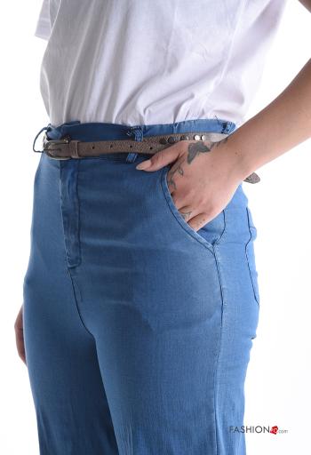 Cotton Cropped Trousers with belt with buttons with zip with pockets - ph 4