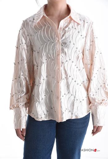 Camicia brillante maniche lunghe con colletto Fantasia ricamata con bottoni con strass