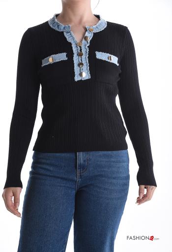 Maglietta a manica lunga in Cotone girocollo denim costine con bottoni
