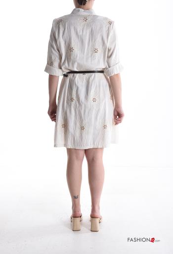 Embroidered knee-length Linen Dress with belt with buttons - ph 2