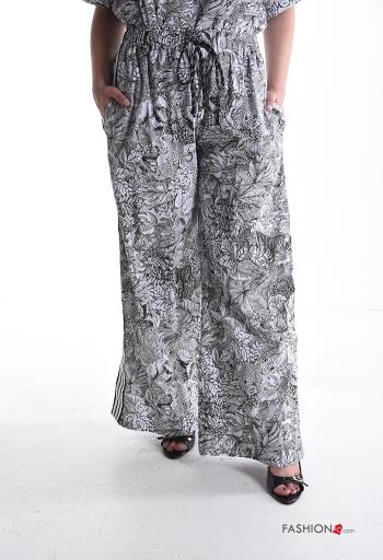 Nature-print wide leg Cotton Trousers with pockets with elastic - ph 1