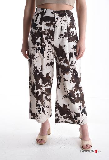 Pantalone in Cotone vita alta wide leg Fantasia animalier con tasche con bottoni con zip - ph 1