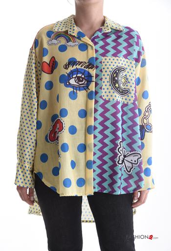 Camisa de Lino manga larga extra grande con cuello Estampado mixto con botones