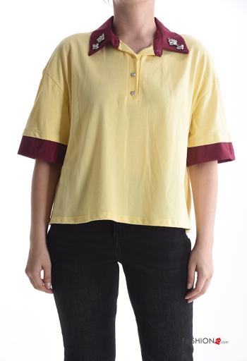T-shirt in Cotone maniche corte con colletto con bottoni con strass