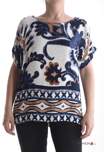 Blouse manches courtes col rond Imprimé batik à boutons