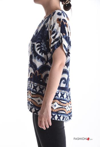 Blouse manches courtes col rond Imprimé batik à boutons - ph 3