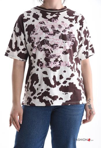 Animal print short sleeve crew neck Cotton T-shirt