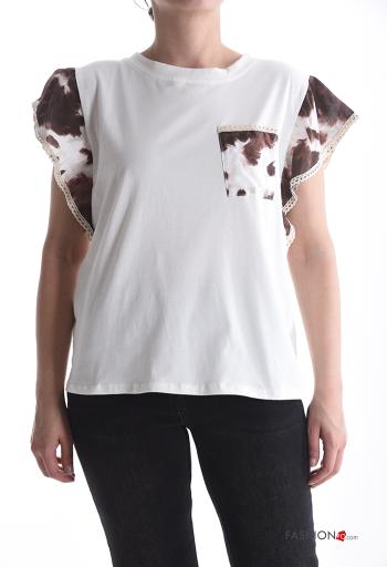 T-shirt in Cotone maniche volant maniche corte girocollo Fantasia animalier con tasche