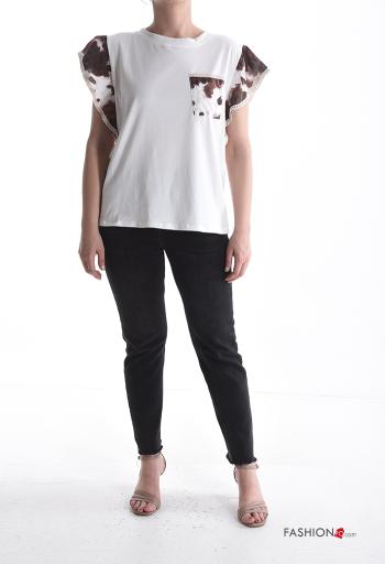 T-shirt in Cotone maniche volant maniche corte girocollo Fantasia animalier con tasche - ph 5