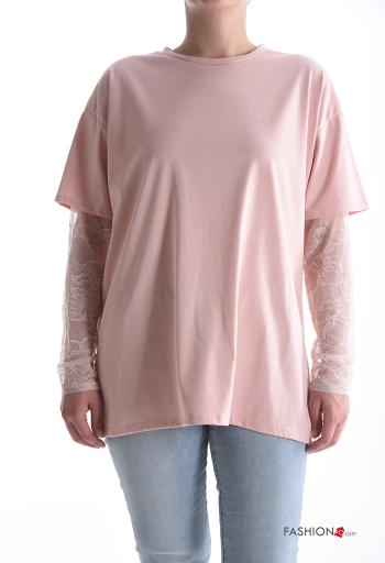 Maglietta a manica lunga in Cotone pizzo girocollo