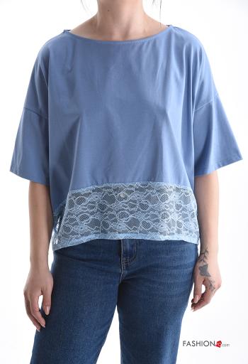 lace trim crew neck Cotton T-shirt 3/4 sleeve - ph 1